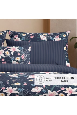 2 fronhas em cetim de algodão 80 fios/cm² Fleur de minuit - Azul-escuro e rosa