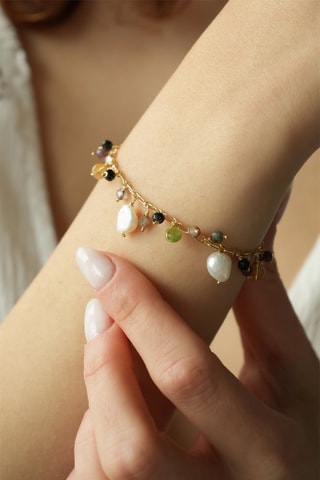 Bracelet - Plaqué or jaune, tourmalines et perles de culture