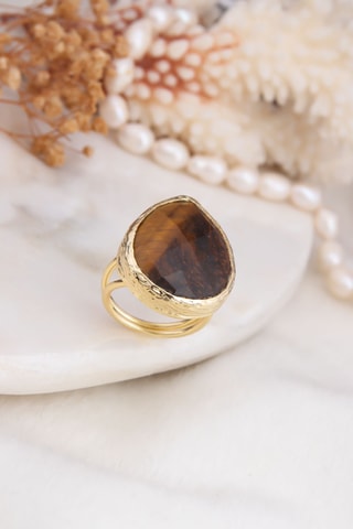 Bague - Plaqué or jaune et œil-de-tigre