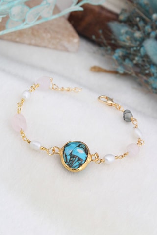 Bracelet - Plaqué or jaune, turquoise, perles de culture et quartz