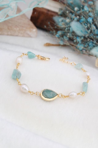 Bracelet - Plaqué or jaune, amazonites et perles de culture