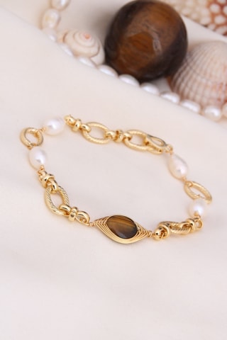 Bracelet - Plaqué or jaune, œil-de-tigre et perles de culture