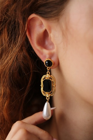 Boucles d'oreilles dorées à l'or fin jaune - Perles et onyx