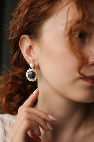 Boucles d'oreilles dorées à l'or fin jaune - Perle et saphir