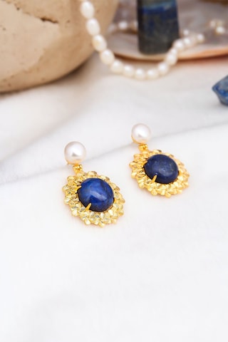 Boucles d'oreilles dorées à l'or fin jaune - Perle et saphir