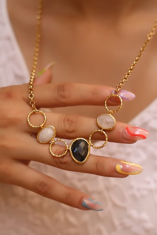 Collier doré à l'or fin jaune - Labradorite et pierres de lune