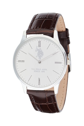 Relógio de quartzo em couro Castanho escuro e prateado