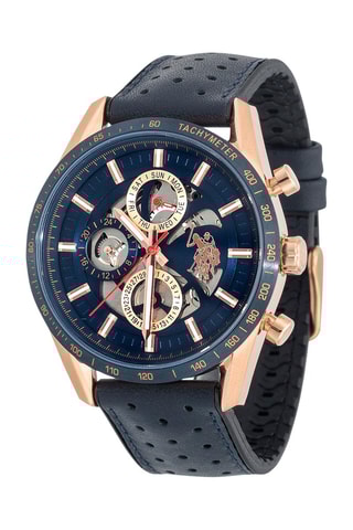 Relógio de quartzo em couro, folheado a ouro rosa e banhado a íon azul - Cronógrafo e taquímetro