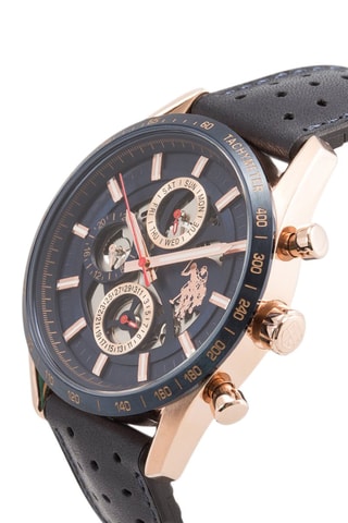 Relógio de quartzo em couro, folheado a ouro rosa e banhado a íon azul - Cronógrafo e taquímetro