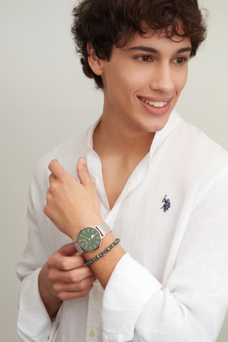 Relógio de quartzo em aço - Prateado e verde-escuro