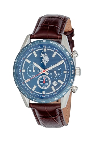 Relógio de quartzo em couro - Cronógrafo e taquímetro - Castanho-escuro e prateado