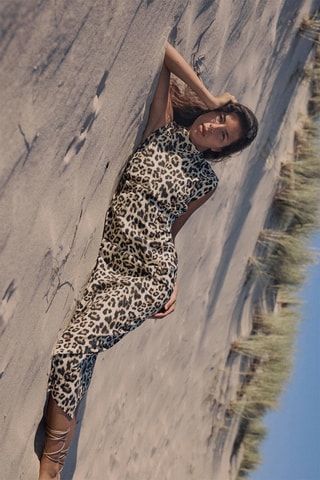 Linnen Nauwaansluitende Jurk - Beige en Zwart