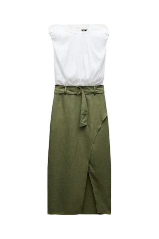 Linnen Jurk Trompe-l'oeil - Wit en Donkergroen