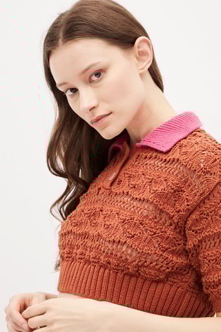 Korte Gehaakte Polo Oranje en Roze