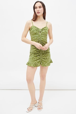 Gedrapeerde Linnen Jurk Olijfgroen en Ecru