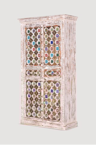 Armoire 4 portes et 2 tiroirs - Blanc vieilli et doré