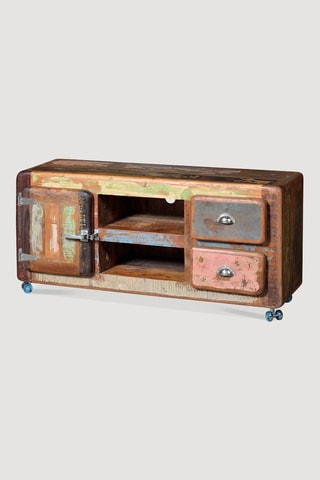 Meuble TV 1 porte - Naturel et rose