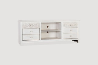 Meuble TV 6 tiroirs - Blanc vieilli