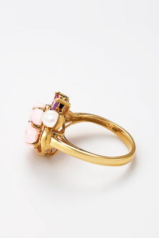 Bague Aïda - Or jaune, diamant, améthystes, rhodonite, nacre et perle de culture