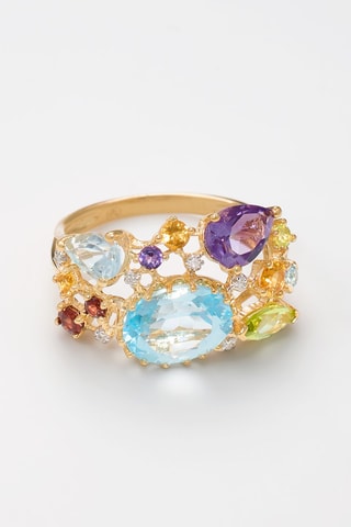 Bague Valéria Or jaune, diamants, améthystes, topazes bleu, citrines, préhnites, grenats et topaze blanc