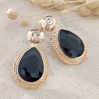 Boucles d'oreilles - Laiton plaqué or & zircons noirs