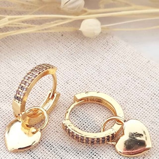 Créoles coeurs - Laiton doré à l'or fin & zircons