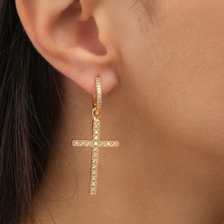 Boucles d'oreilles croix - Laiton plaqué or & zircons