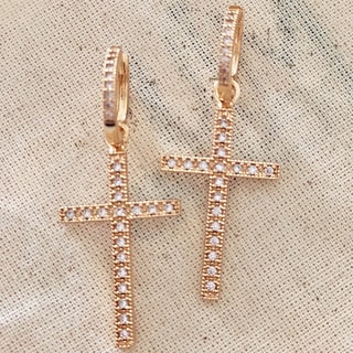 Boucles d'oreilles croix - Laiton plaqué or & zircons