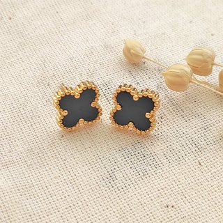 Boucles d'oreilles trèfle - Laiton plaqué or & nacre noire