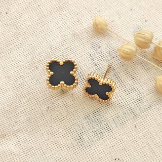 Boucles d'oreilles trèfle - Laiton plaqué or & nacre noire