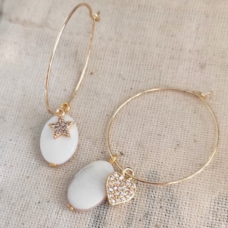 Boucles d'oreilles créoles étoile & cœur - Laiton doré, plaqué or, perle nacré & zircon  