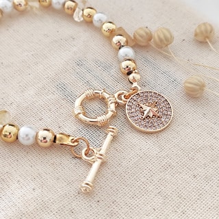 Bracelet étoile - Laiton plaqué or, perles synthétiques & zircons 