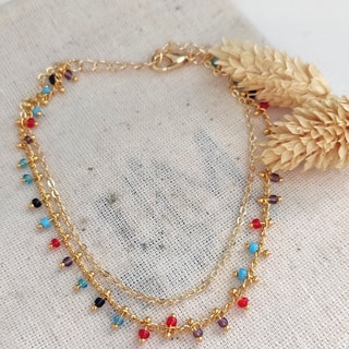 Bracelet de cheville avec pierres cristaux colorées - Laiton doré & plaqué or 