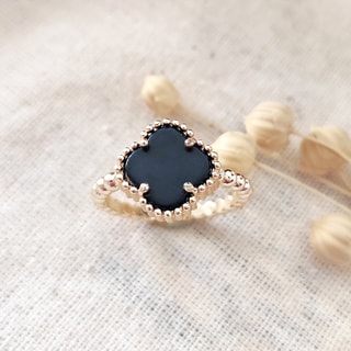 Bague réglable trèfle - Laiton plaqué or & nacre noire