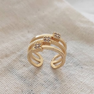 Bague 3 rangs ajustable - Laiton plaqué or & zircons