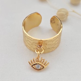 Bague œil ajustable - Laiton plaqué or & zircon 