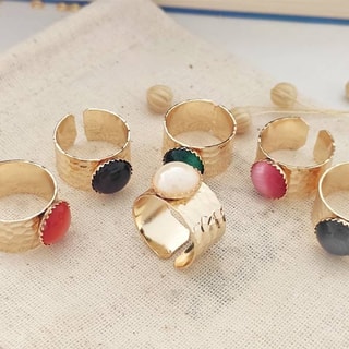 Bague ajustable - Laiton plaqué or & pierre oeil de chat