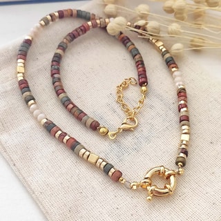 Collier de pierres & de perles - Laiton plaqué or 