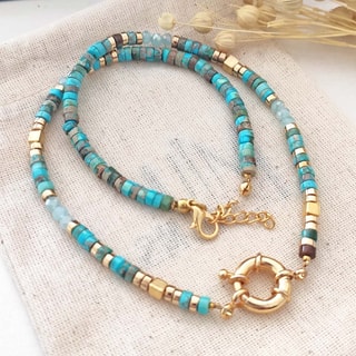 Collier de pierres & de perles turquoises - Laiton plaqué or 