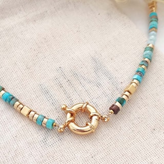 Collier de pierres & de perles turquoises - Laiton plaqué or 