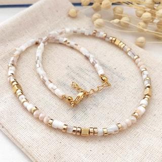Collier de pierres & perles beige - Laiton plaqué or 