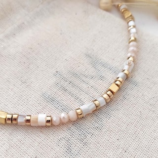 Collier de pierres & perles beige - Laiton plaqué or 