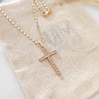 Collier croix - Laiton plaqué or & zircons