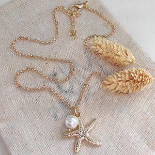 Collier pendentif en étoile de mer - Laiton doré, plaqué or & perle 