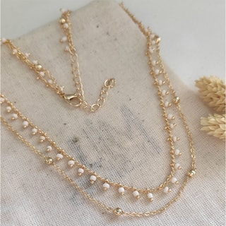Collier double - Laiton doré, plaqué or & cristaux blanches