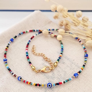 Collier perles & œil bleu - Laiton plaqué or 