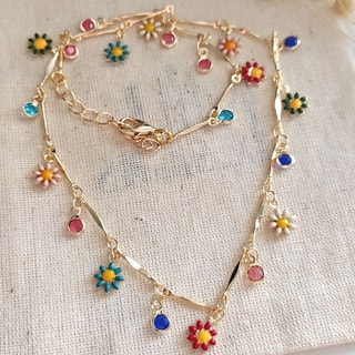 Collier fleurs - Laiton plaqué or & pierres multicolores