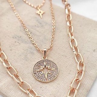 Collier multi-rangs - Laiton plaqué or & pierre de zircon