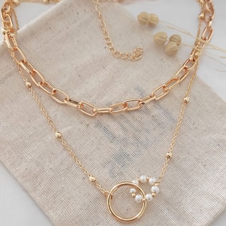 Collier double - Laiton plaqué or & perles synthétiques multicolores