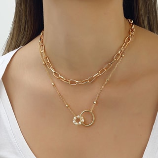 Collier double - Laiton plaqué or & perles synthétiques multicolores